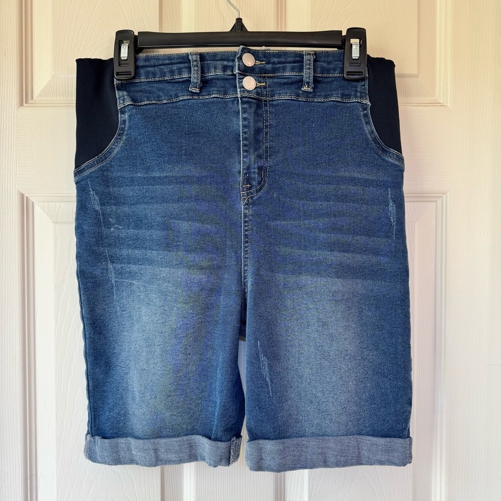 SHEIN Maternity Bermuda Shorts M Over Belly Pregnancy Mom Stretch Medium Wash